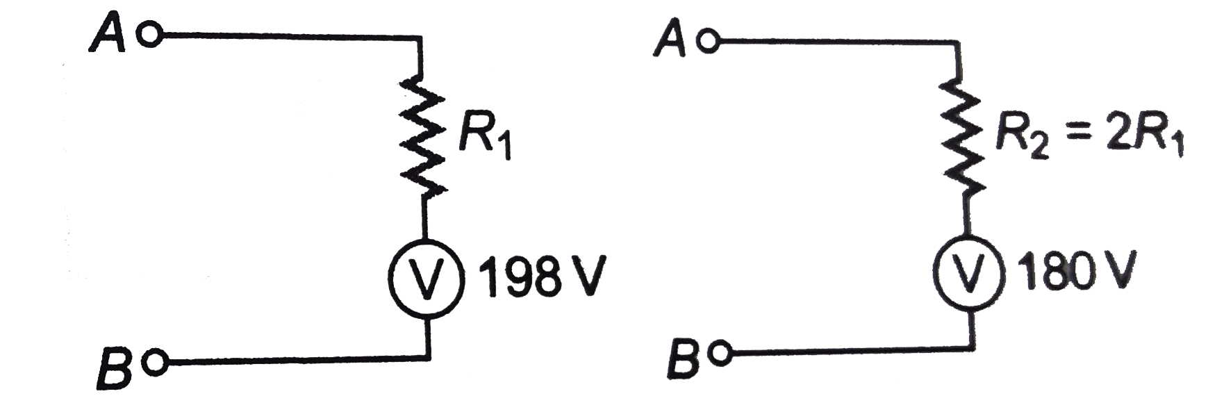 A voltmeter connected in series with a resistance R1 to a circuit indicates a voltage V1=198V. When a series resistor R2=2R1 is used, the voltmeter indicates as voltage V2=180V. If the resistance of the voltmeter is RV=900Omega, then the applied voltage across A and B is