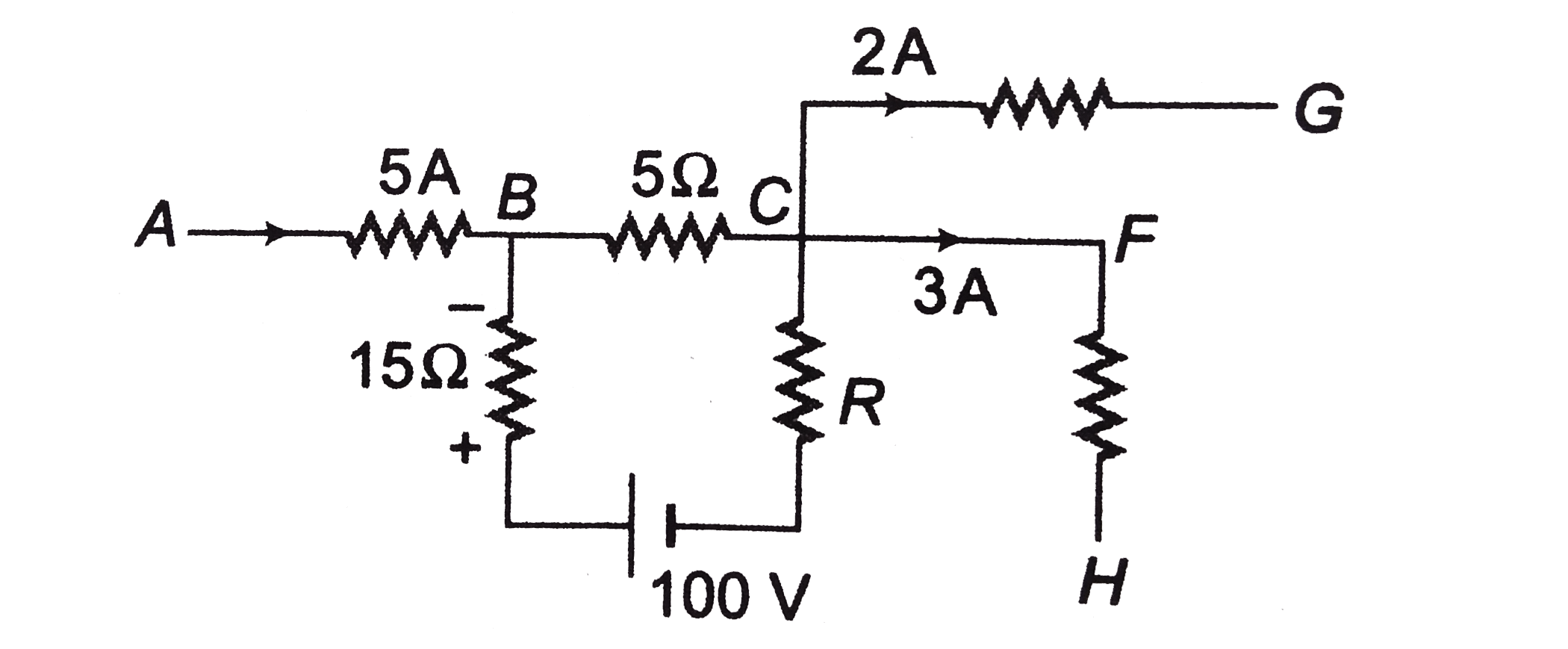 In the circuit shown the voltage drop across the 15Omega resistor is 30 V having the polarity as indicated. The ratio of potential difference across 5Omega and resistance R is