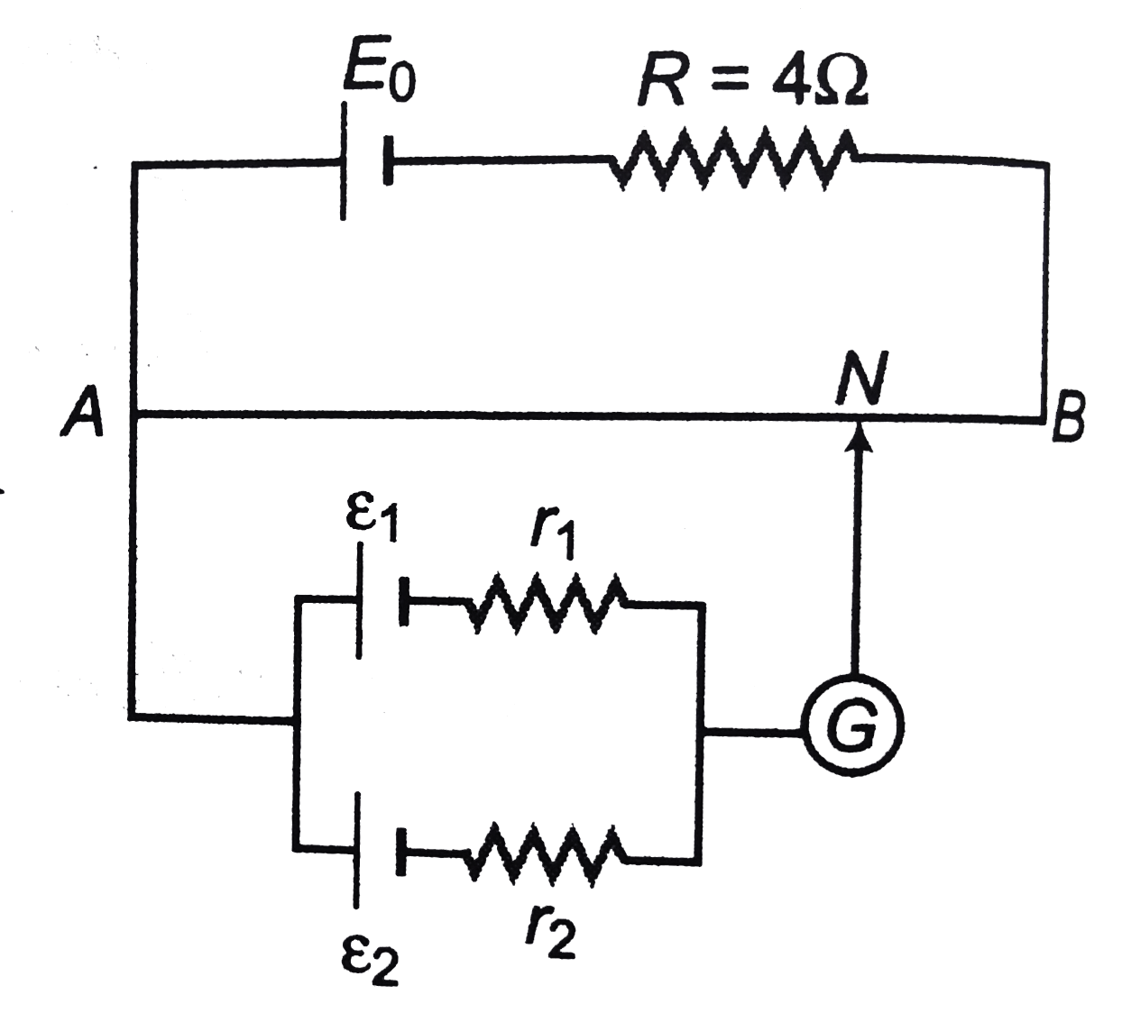 A battery of emf E0=12V is connected across a 4 m long uniform wire having resistance 4Omega//m. The cell of small emfs epsilon1=2V and epsilon2=4V having internal resistance 2Omega and 6Omega respectivley are connected as shown in the figure. If galvanometer shows no diflection at the point N the distance of points N from the point A is equal to