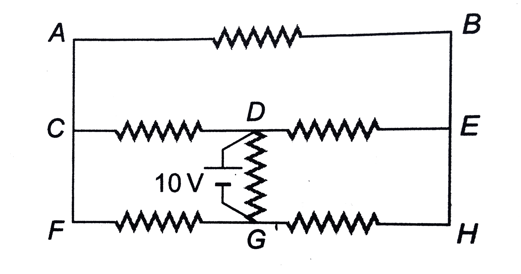 All resistance shown in the circuit are 2Omega each. The current in the resistance between D and E is