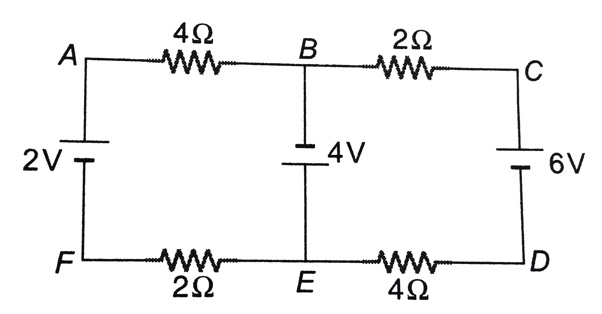 Find currents in different branches of th electric circuit shown in figure.    How to Proceed : In this problem there are three wires EFAB, BE and BCDE. Therefore, we have three unknown currents i1, i2 and i3. So, we require three equations. One equation will be obtained by applying Kirchhoff's junction law (either at B or at E) and the remainig two equations, we get from te second law (loop law). We can make three loops ABEFA, ACDF and BCDEB. But we have to chose any two of them. Initilly, we can choose any arbitrary directions of i1, i2 and i3.