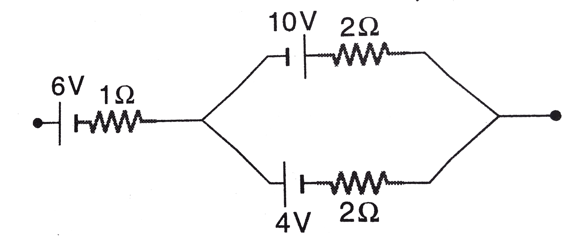 Find the emf and internal resistance of a single battery which is equivalent to a combination of three batteries as show in figure.