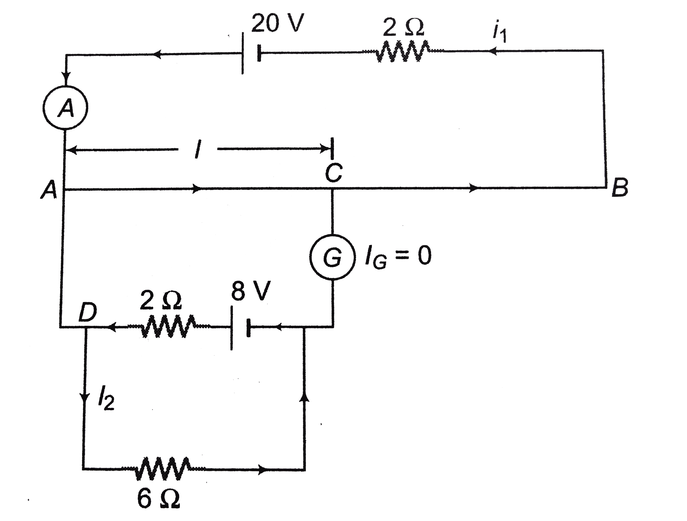 In the figure shown wire AB has a length of 100 cm and resistance 8Omega. Find the balance point length l.