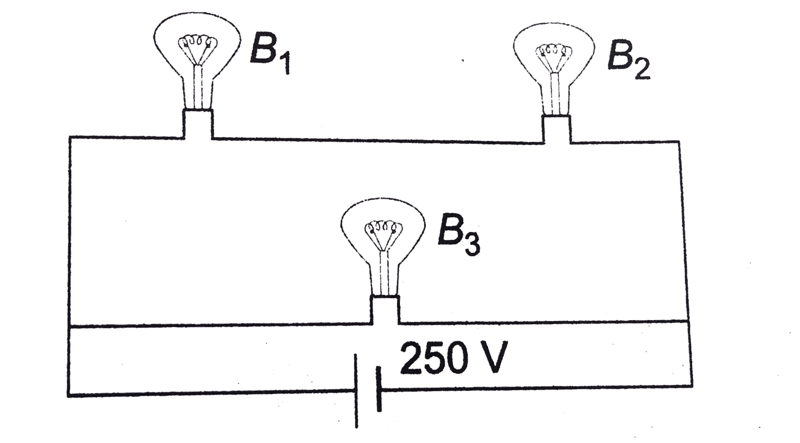 A 100 W bulb B1, and two 60 W bulbs B2 and  B3 are connected to a 250 V source as shown in the figure. Now W1,W2 and W3 are the output powers of the bulbs B1, B2 and B3 respectively. Then