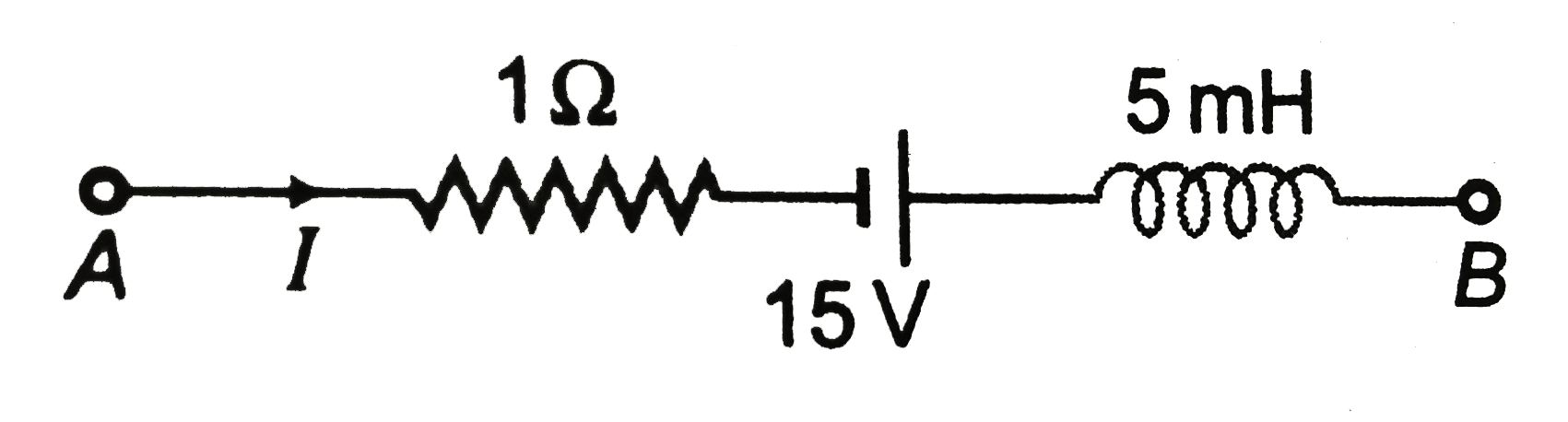 The network shown in the figure is a part of complete circuit. What is the potential difference VB-VA when the current I is 5 A and is decreasing at a rate of 10^3A//s?