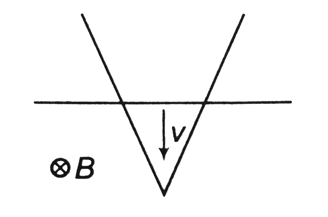A  wire is bent in the form of a V shape and placed in a horizontal plane. There exists a uniform magnetic field B perpendicular to the  plane of the wire. A uniform conducting rod starts sliding over the V shaped wire with a constant speed v as shown in the figure. If the wire no resistance, the current  in rod wil