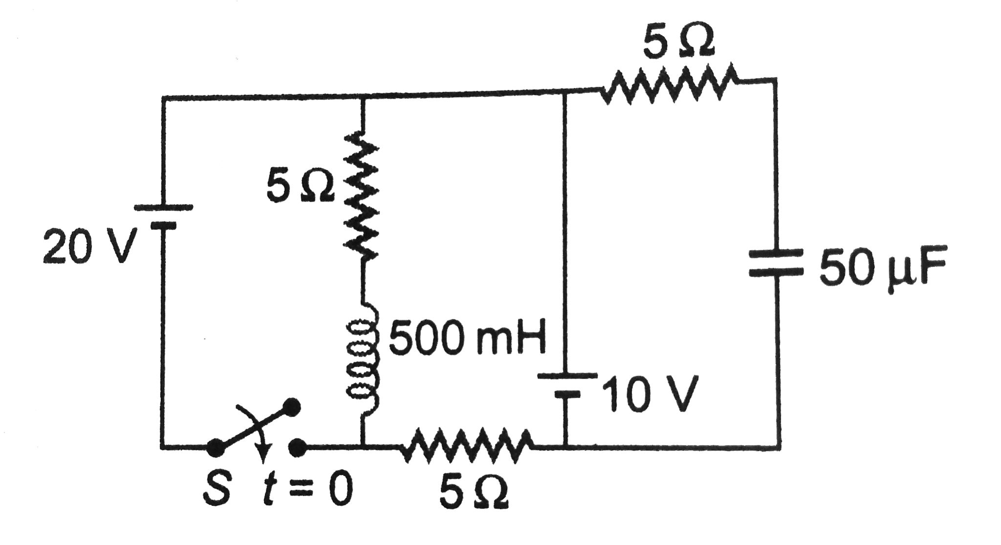 Switch S is closed t=0, in the circuit shown. The change in flux in the inductor (L=500mH) from t=0 to an instant when it reaches steady state is