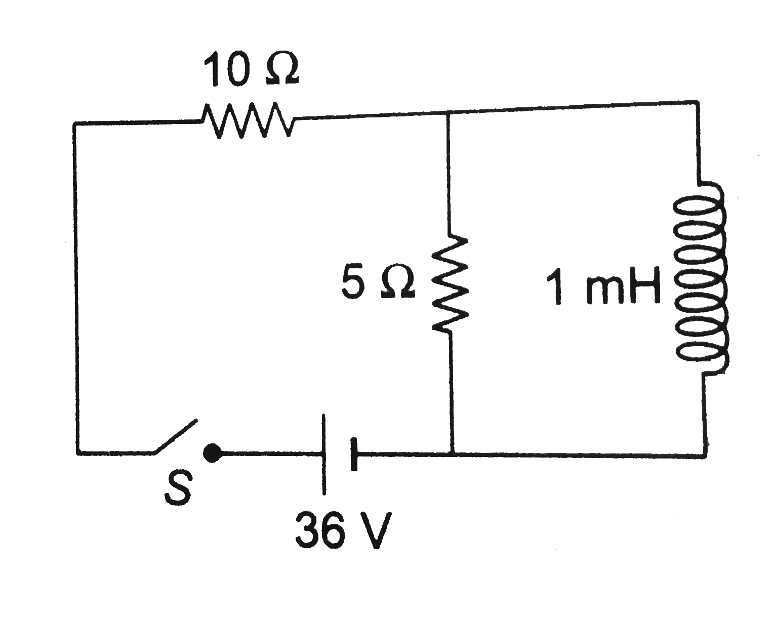 In the circuit arrangement shown in figure, the switch S is closed at t = 0. Find the current in the inductance as a function of time? Does the current through 10 Omega resistor vary with time or remains constant.