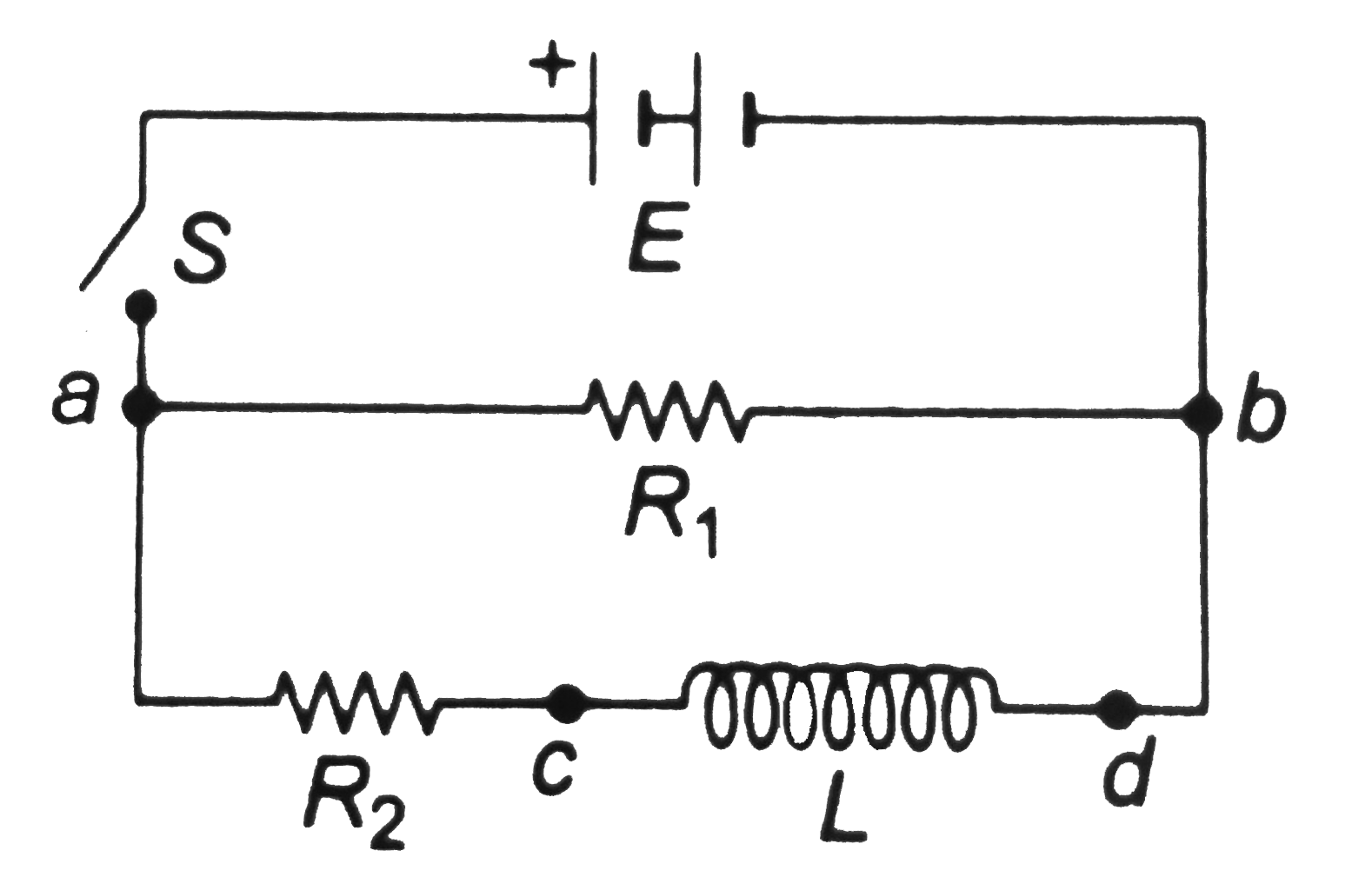 In the circuit shown in figure, E = 120 V, R1 = 30.0Omega, R2 = 50.0 Omega and L=0.200H. Switch S is closed at t = 0. Just after the switch is closed.      (a) What is the potential difference V(ab) across the inductor R1?  (b) Which point, a or b, is at higher potential?   (c) What is the potential difference V(cd) across the inductor L?   (d) Which point, c or d, is at a higher potential? The switch is left closed for a long time and then is opened. Just after the switch is opened   (e) What is the potential difference V(ab) across the resistor R1?   (f) Which point a or b, is at a higher potential?   (g) What is the potential difference V(cd) across the inductor L?   (h) Which point, c or d, is at a higher potential?
