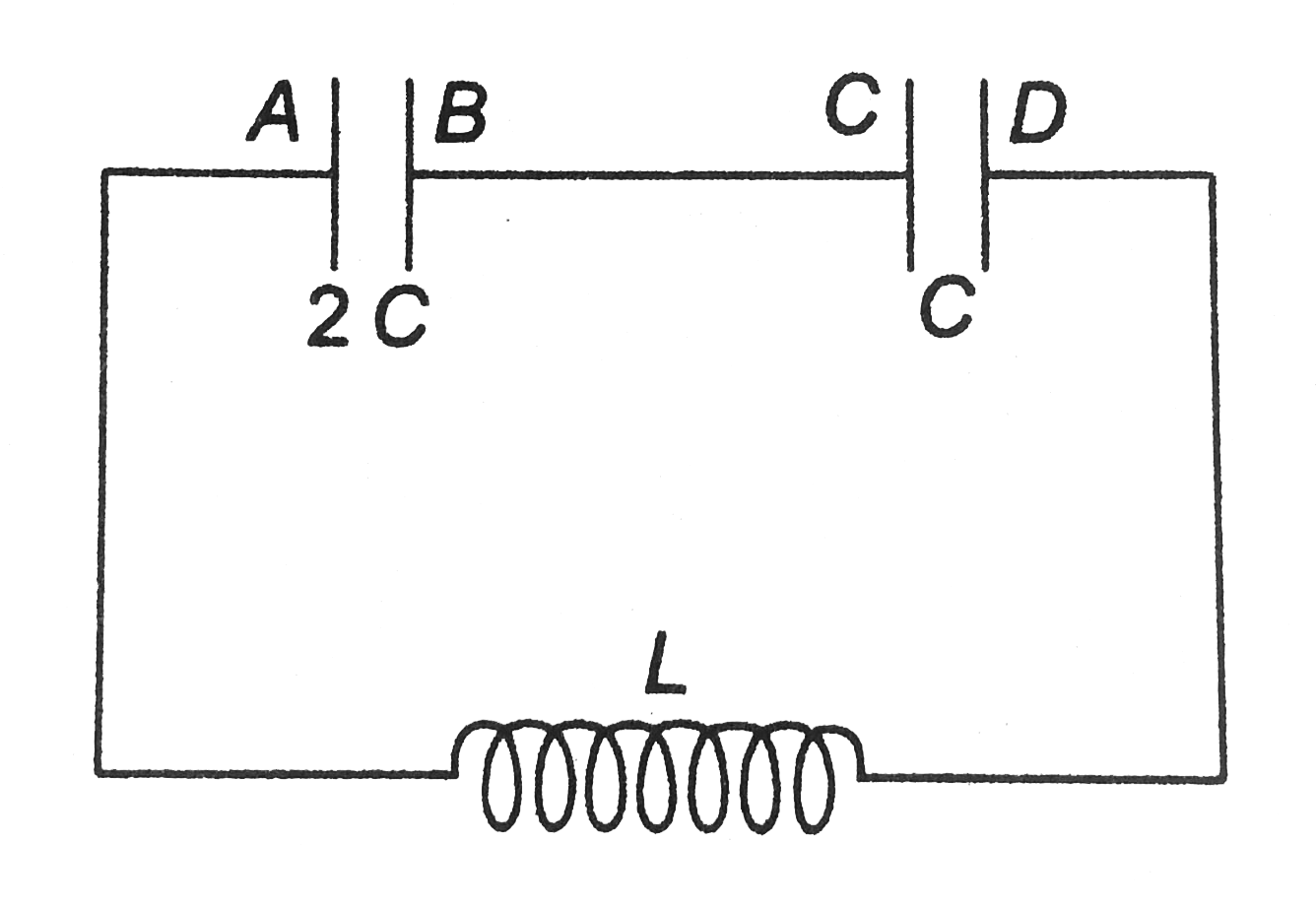 Two capacitors of capacitances 2C and C are connected in series with an inductor of inductance L. Initially, capacitors have charge such that VB - VA = 4V0 and VC- VD = V0. Initial current in the circuit is zero. Find       (a) maximum current that will flow in the circuit,   (b) potential difference across each capacitor at that instant,   (c) equation of current flowing towards left in the inductor.