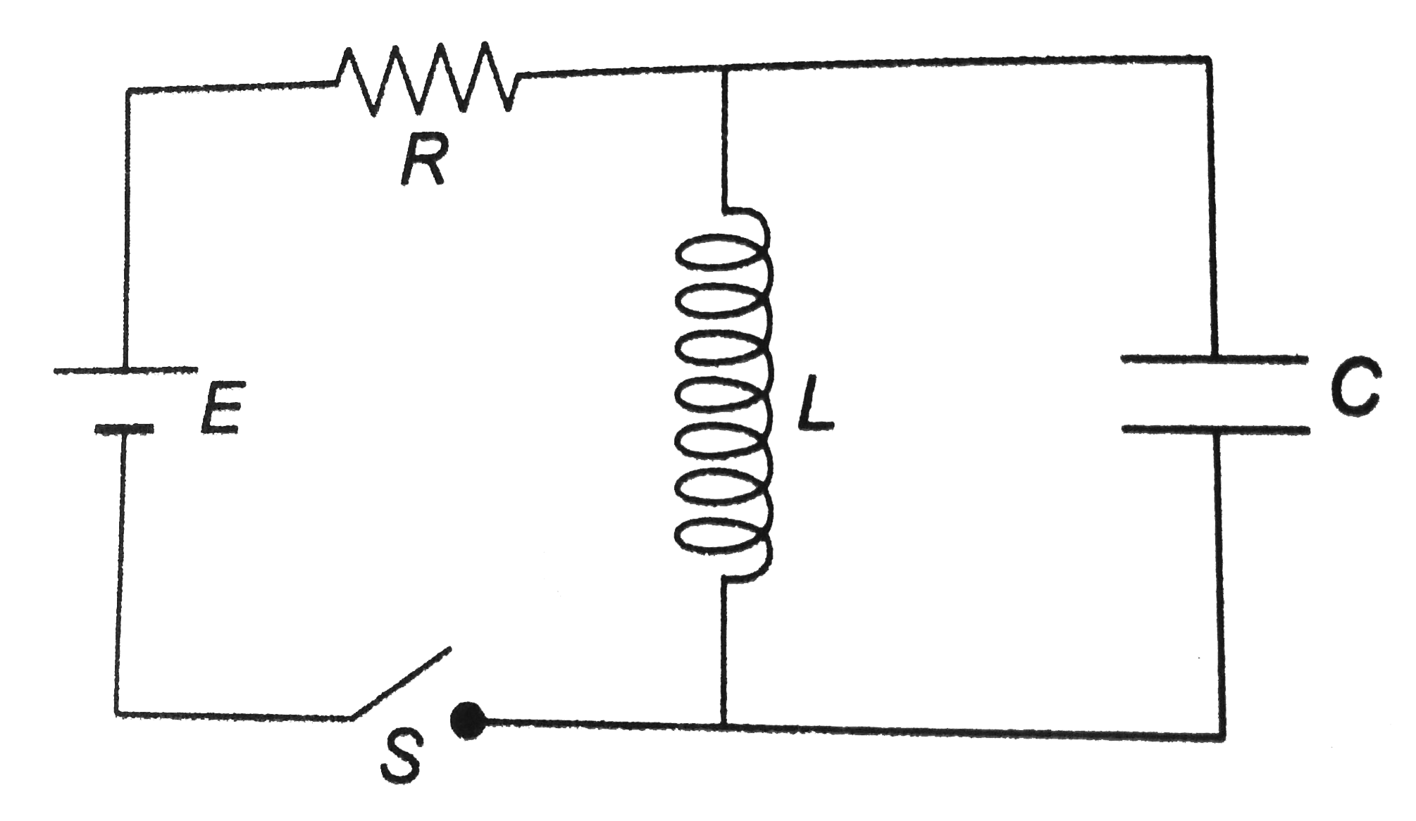 In the circuit shown in the figure, E = 50.0 V, R = 250 Omega and C = 0.500 muF. The switch S is closed for a long time, and no voltage is measured across the capacitor. After the switch is opened, the voltage across the capacitor reaches a maximum value of 150 V. What is the inductance L?
