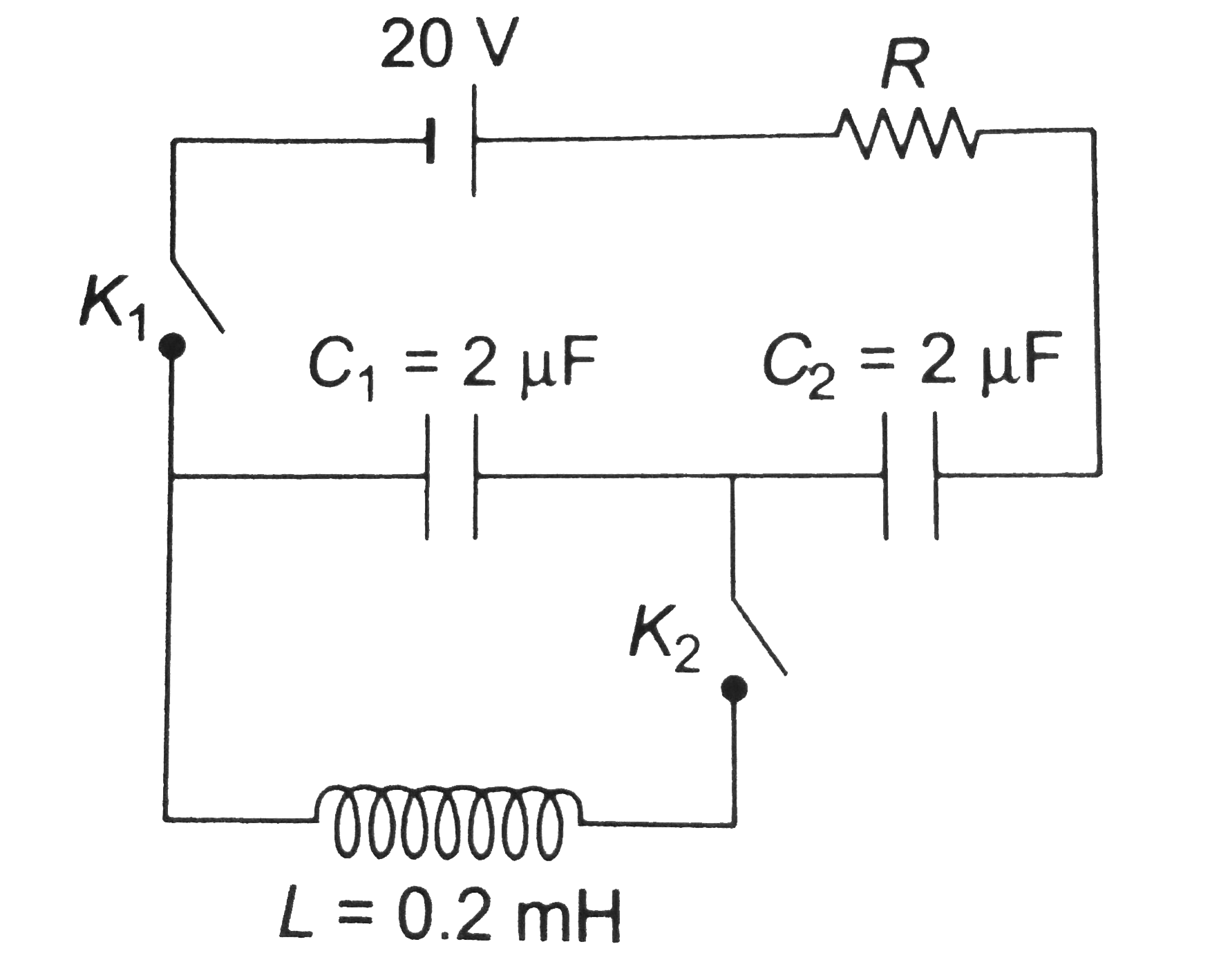 A circuit containing capacitors C1 and C2, shown in the figure is in the steady state with key K1 and K2 opened. At the instant t = 0, K1 is opened and K2 is closed.       (a) Find the angular frequency of oscillations of L- C circuit.   (b) Determine the first instant t, when energy in the inductor becomes one third of that in the capacitor.   (c) Calculate the charge on the plates of the capacitor at that instant.