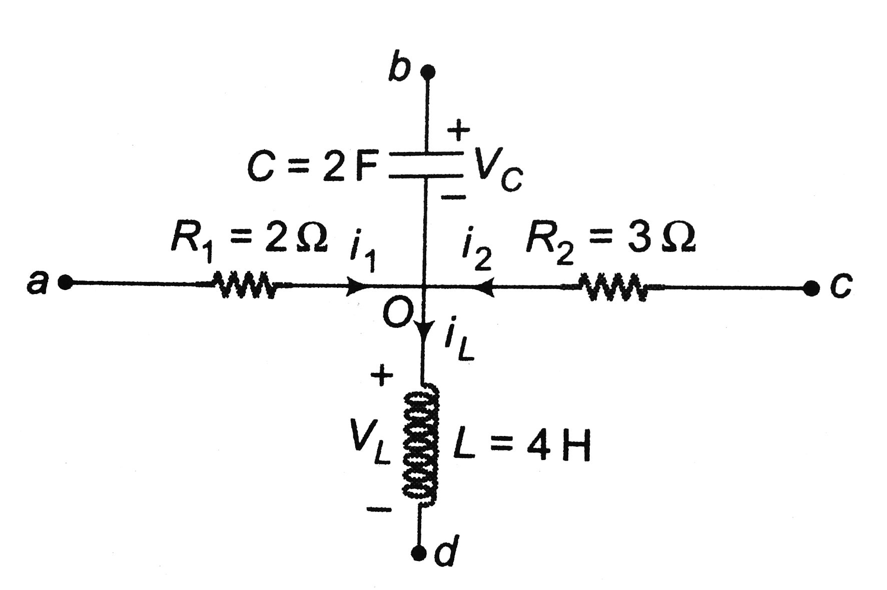 In the Figure shown i1=10e^(-2t) A, i2=4A and VC=3e^(-2t)V.  Determine     a. iL and VL b. V(ac), V(ab), V(cd)