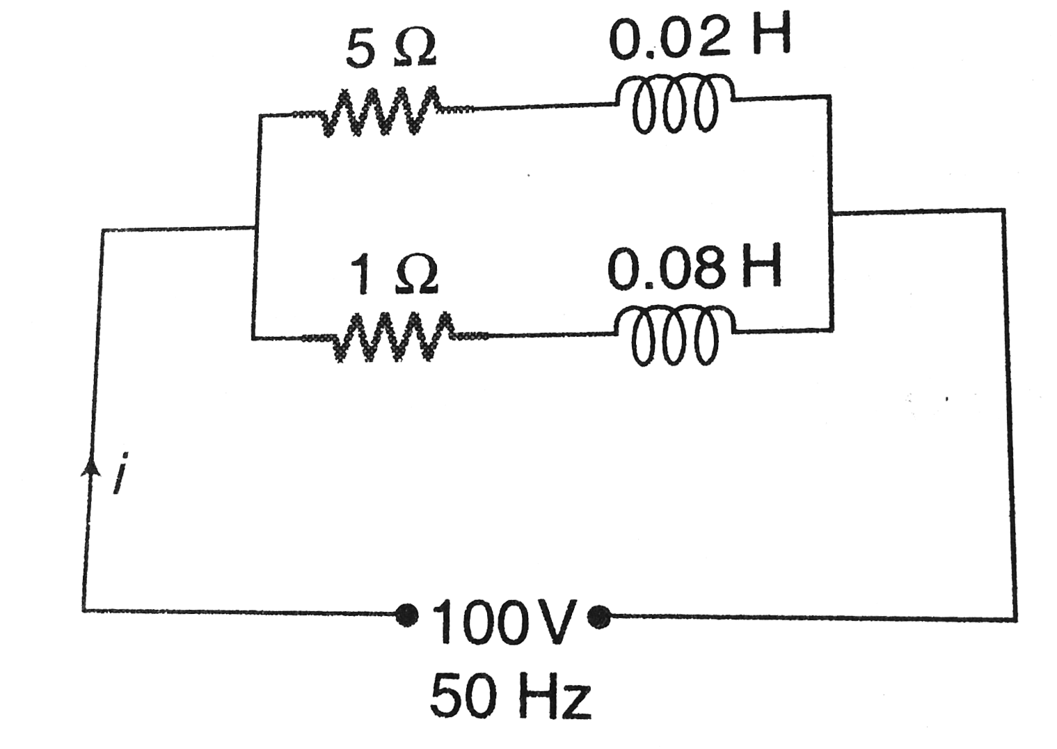 A coil having a resistance of 5 Omega and an inductance of 0.02 H is arranged in parallel with another coil having a resistance of 1Omega and an inductance of 0.08 H. Calculate the power absorbed when a voltage of 100 V at 50 Hz is applied.   .