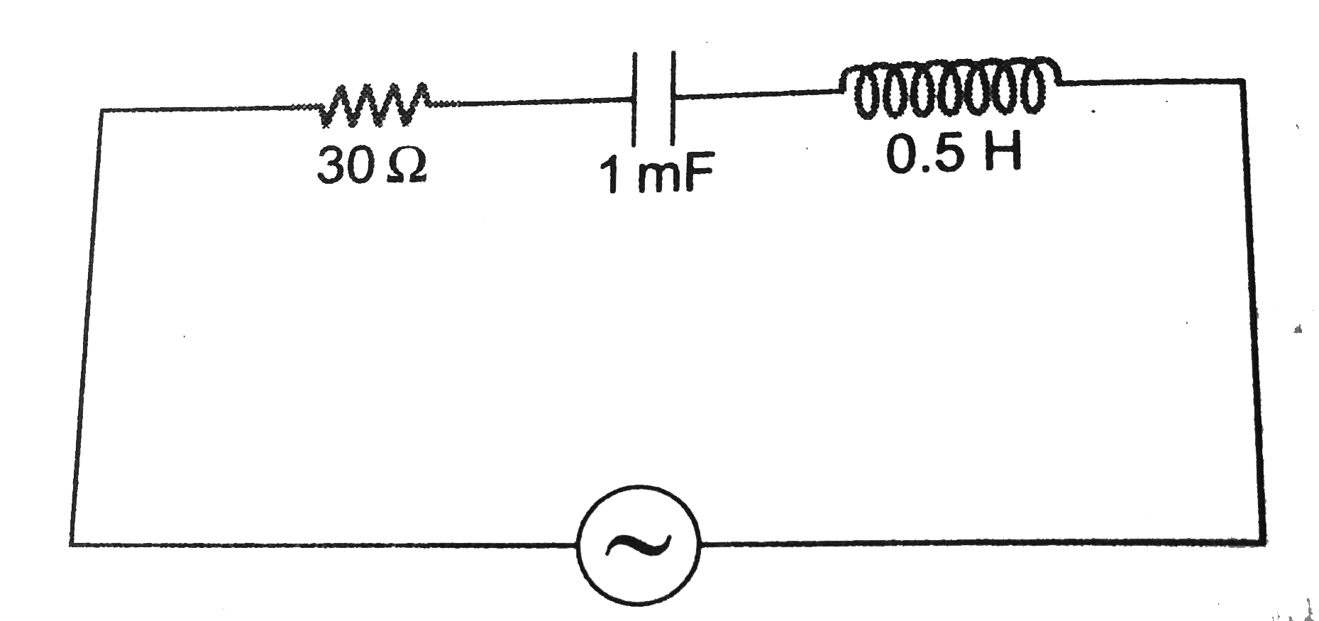 In the diagram shown in figure, V function is given. Find other four functions of time I, VC, VR and VL. Also, find power consumed in the circuit, V is given in volts and omega in rad/s.