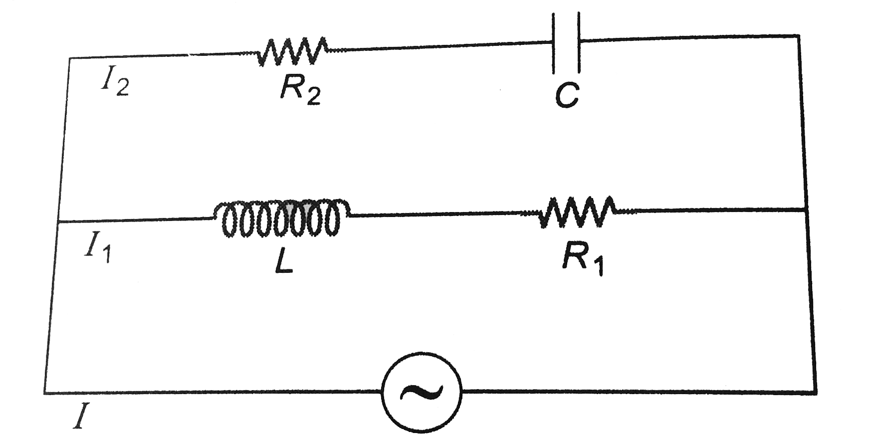 In the circuit shown in figure      R1=30Omega, R2=40 Omega, L=0.4H and C=1/3mF.   Find seven function of time I, I1, I2, V(R1), VL, V(R2) and VC. Also total power consumed in the circuit. In the given potential function V is in volts and omega in rad//s.