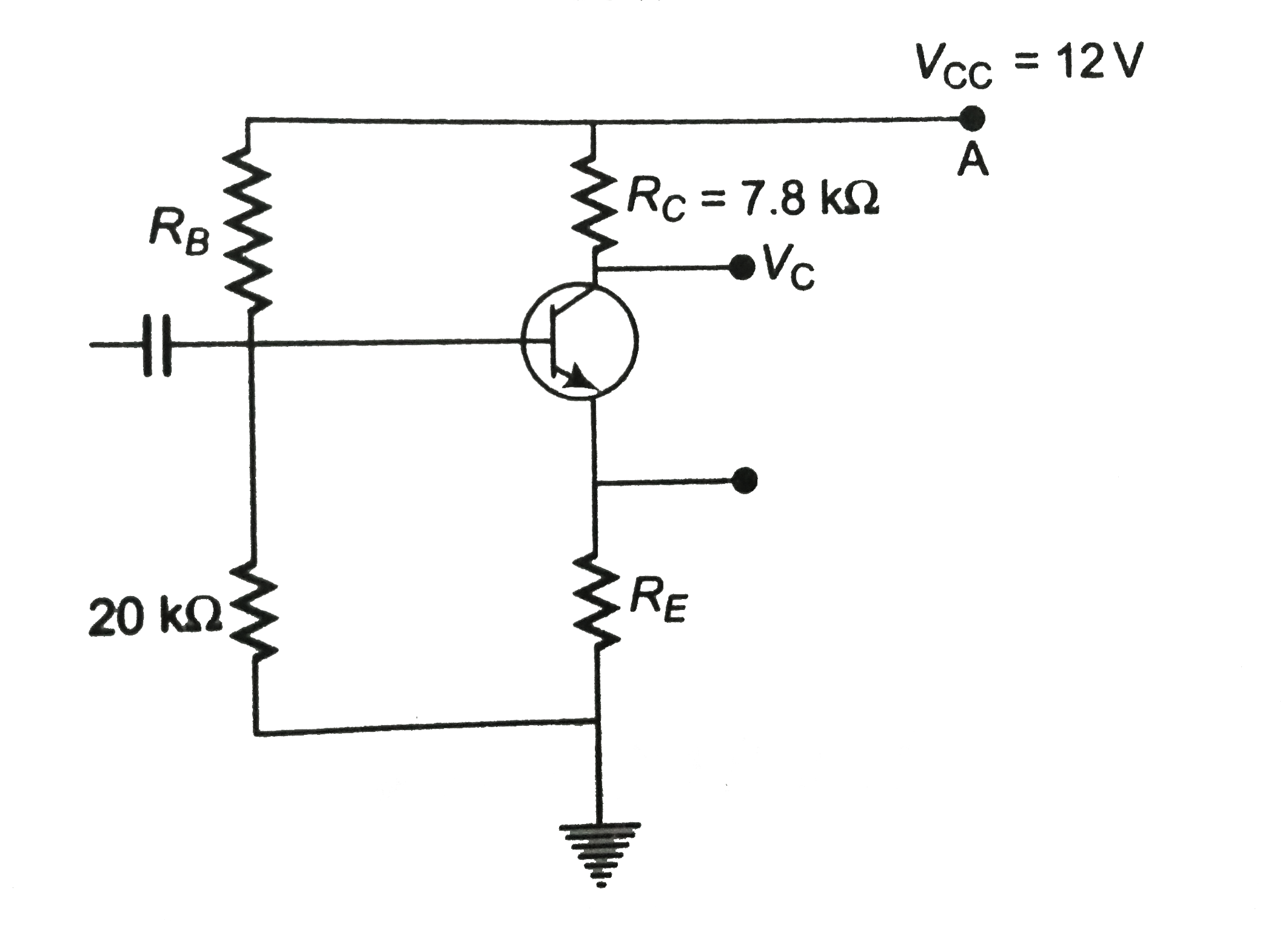 For the transistor circuit shown in figure , evaluate VE , RB and RE. Given IC = 1 mA,    V(CE) = 3V , V(BE) = 0.5 V , V(CC )= 12 V and beta = 100