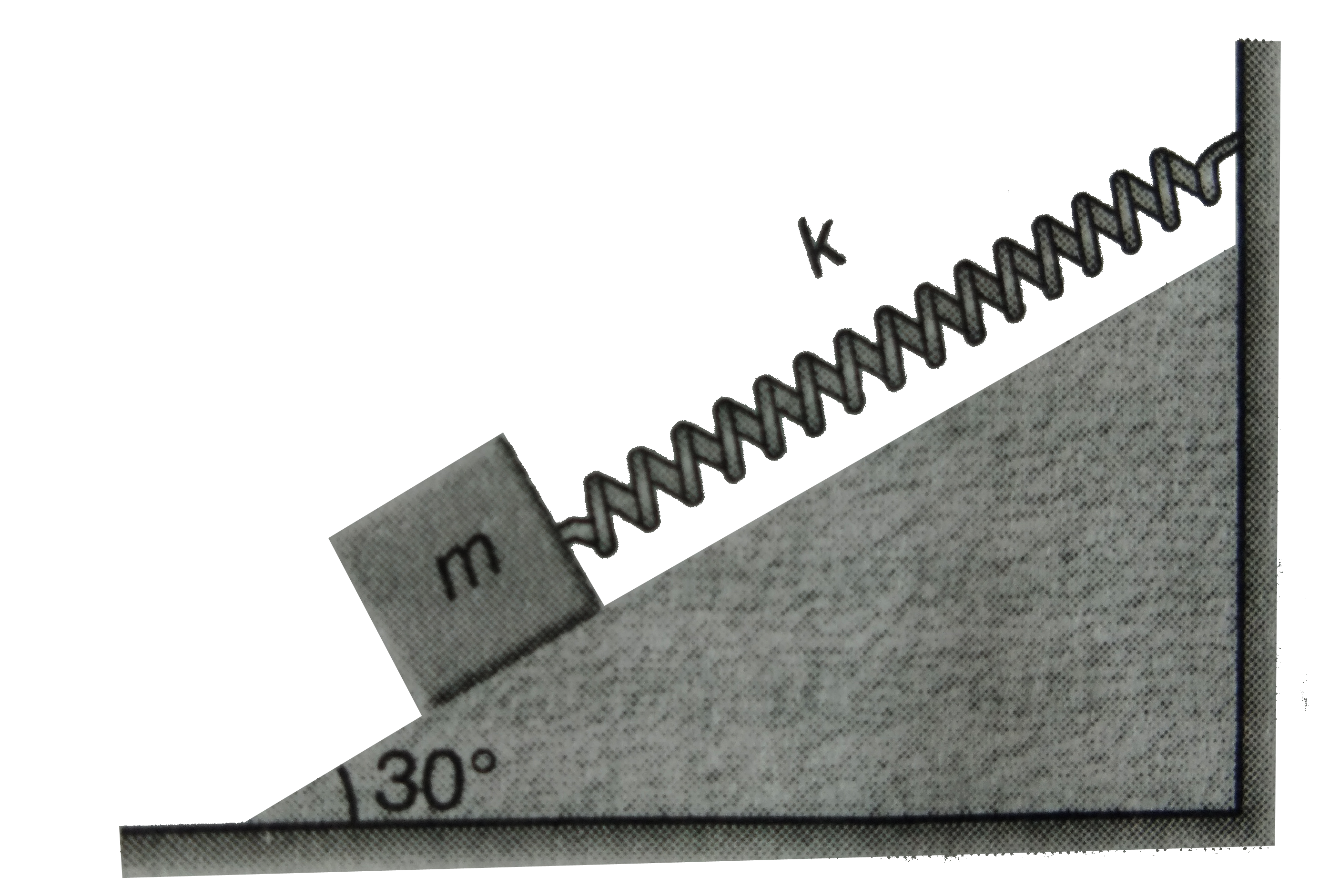 A block of mass 0.2 kg is attached to a mass less spring of force constant 80 N/m as shown in figure. Find the period of oscillation. Take g=10 m//s^(2). Neglect friction