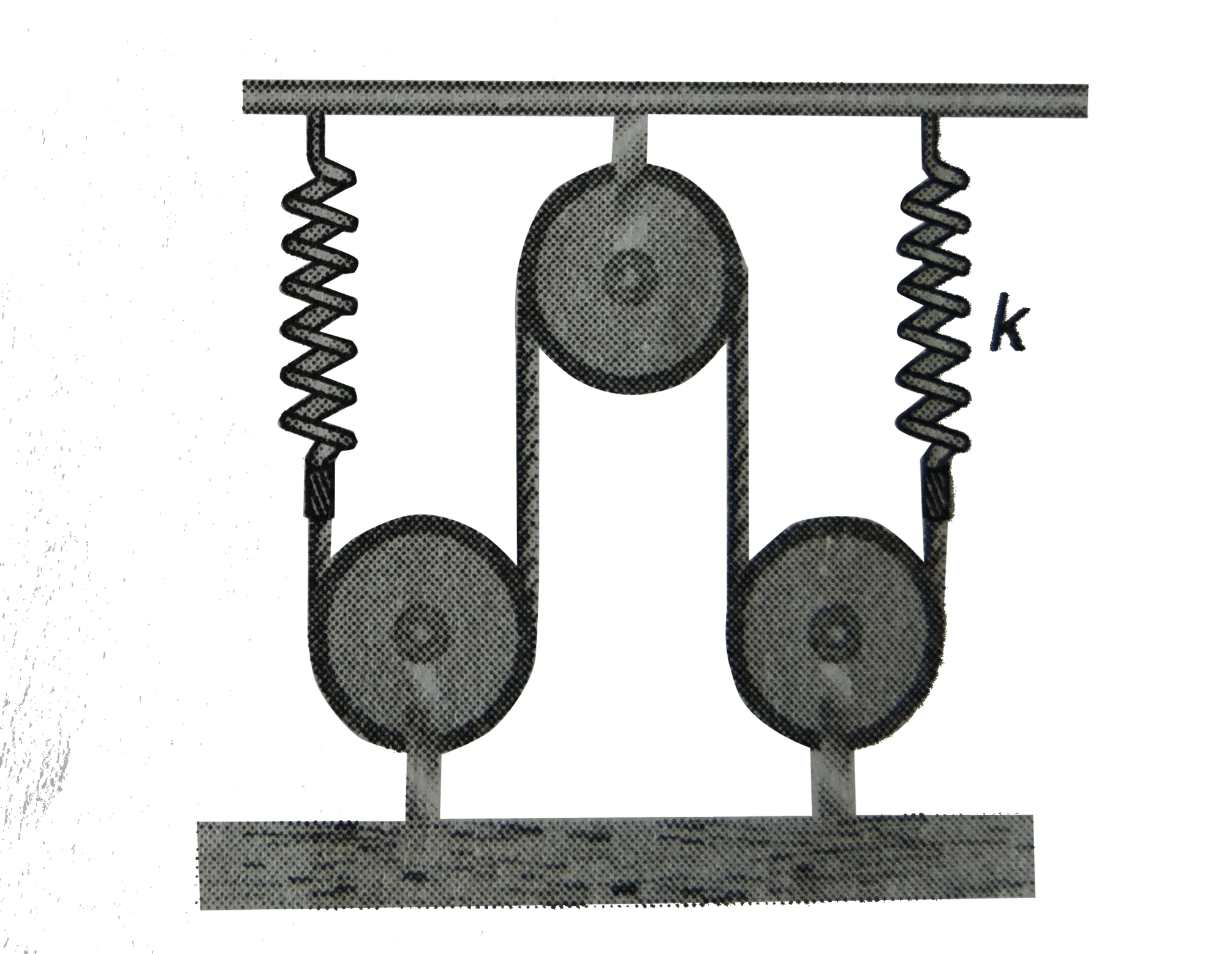Find the natural frequency of the system shown in figure. The pulleys are smooth and massless.