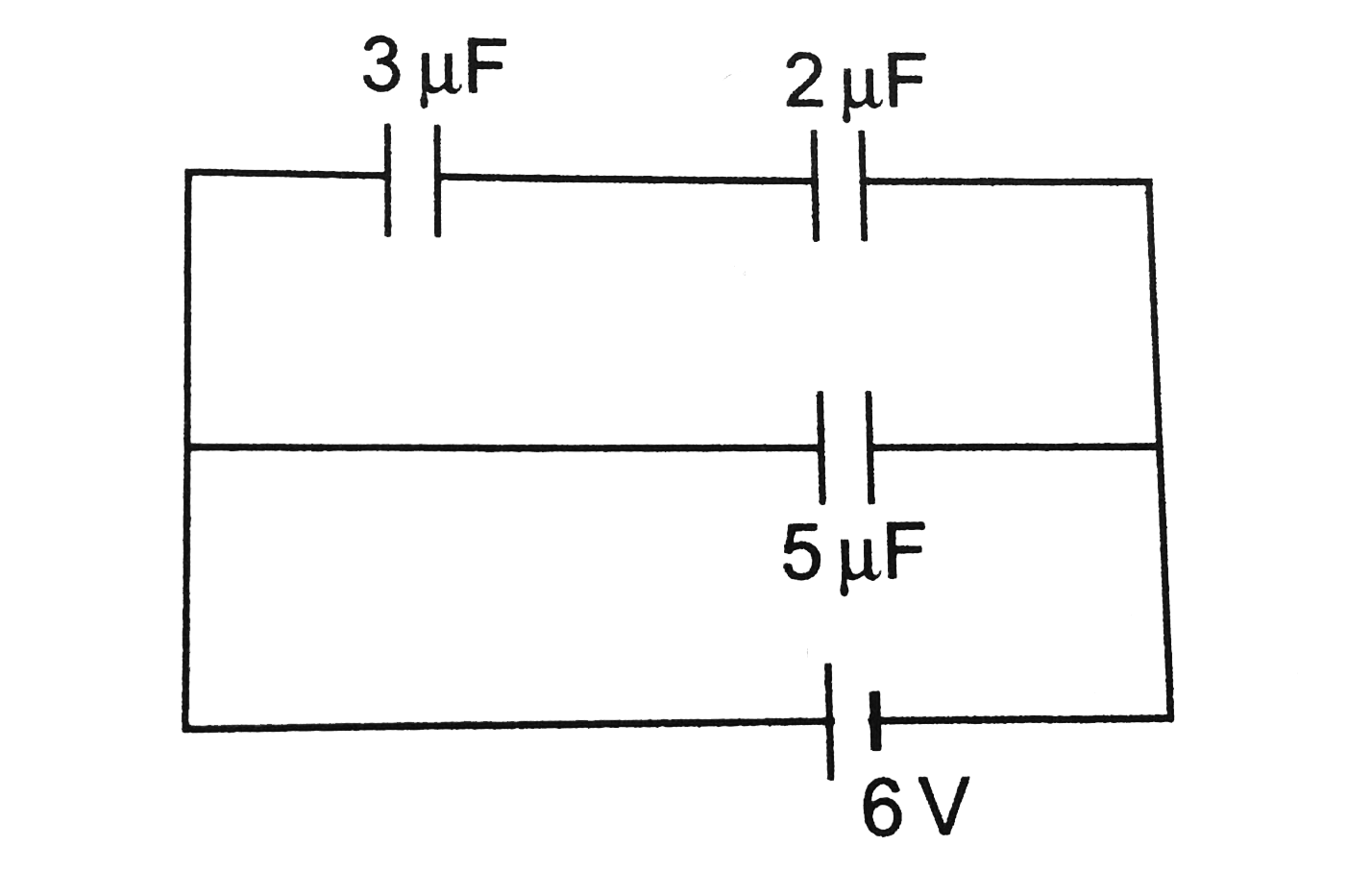 In the circuit shown in figure, the ratio of charge on 5muF and 2muF capacitor is