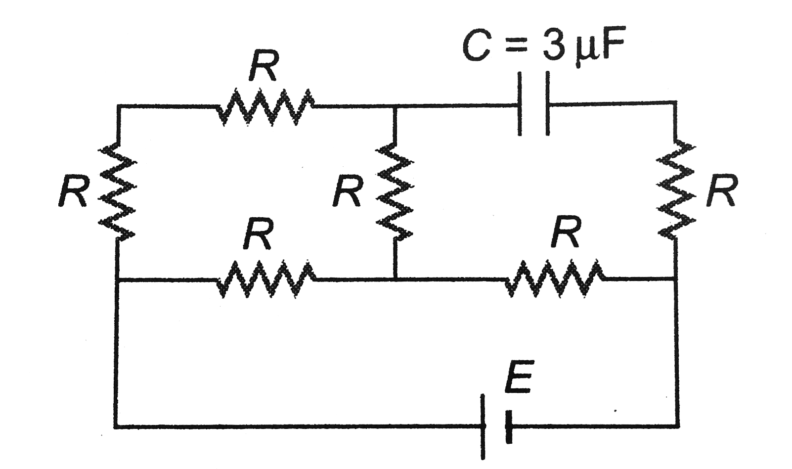 In the circuit the potential difference across the capacitor is 10 V. Each resistance is of 3Omega The cell is ideal. The emf of the cell is