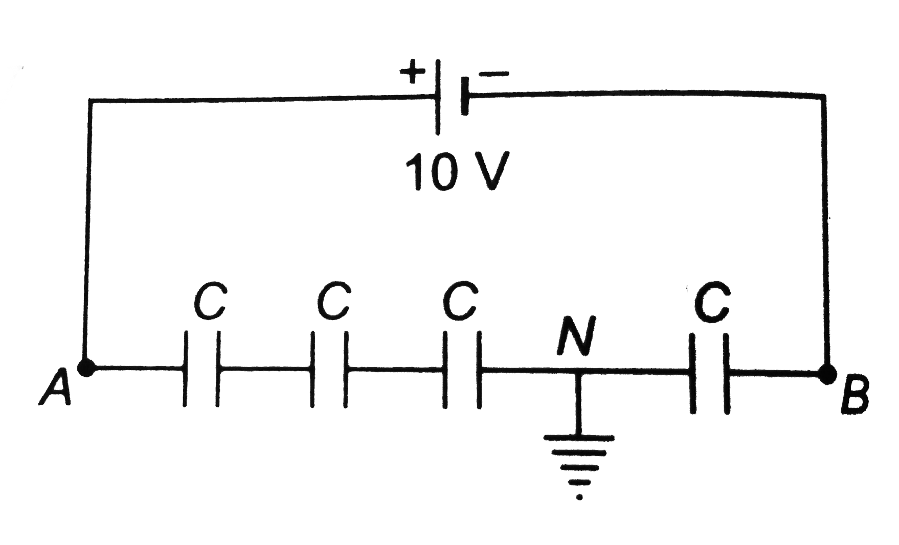 Four identical capacitors are connected in series with  a 10 V battery as shown in the figure. The point N is earthed. The potentials of points A and B are