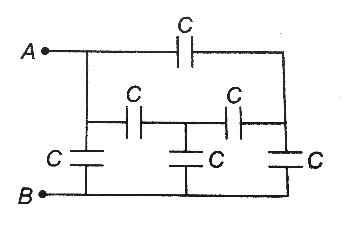 Six equal capacitors each of capacitance C are connected as shown in the figure. The equivalent capacitance between points A and B is