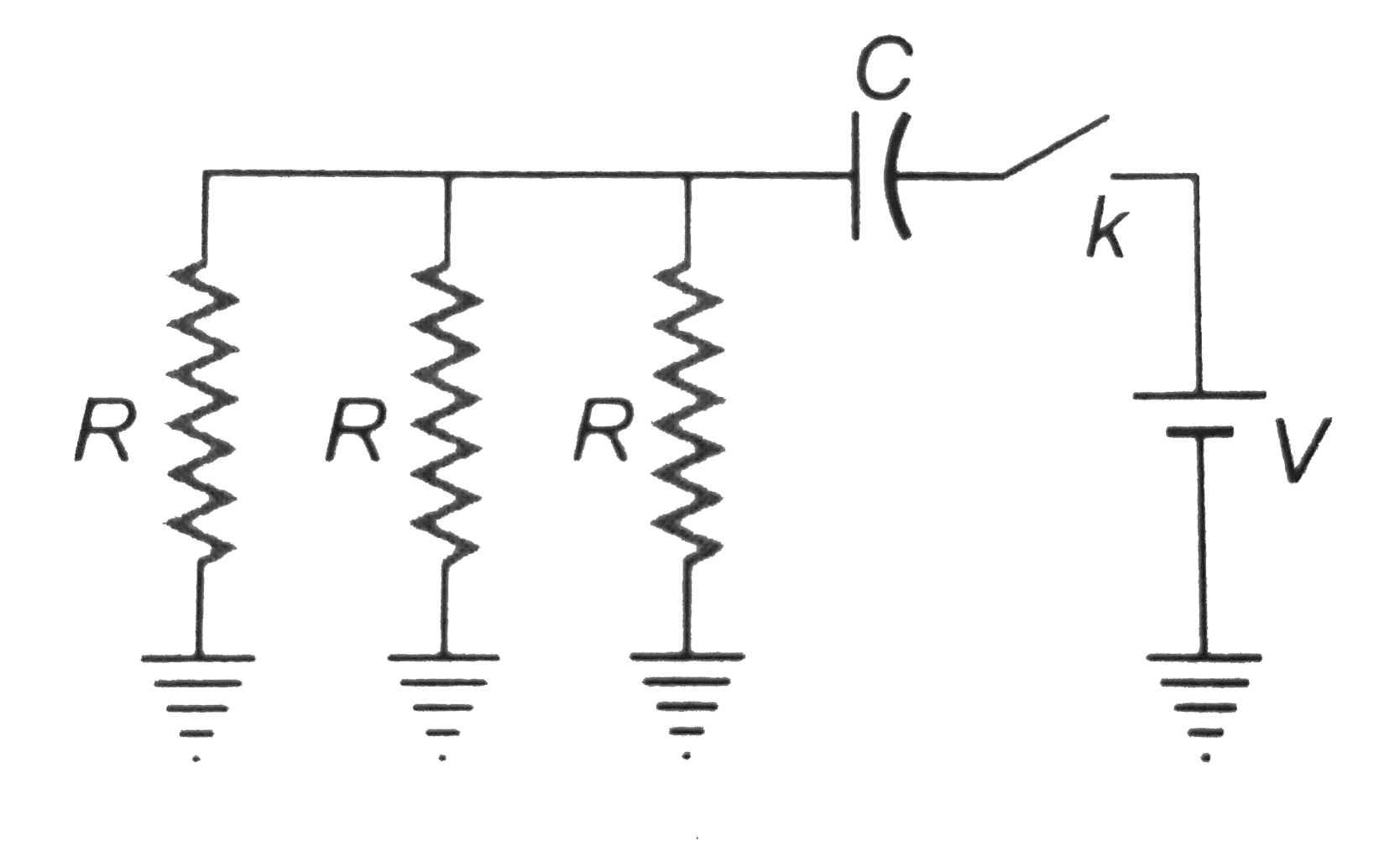 The switch  shown n the figure is closed at t=0. The charge on the capacitor as a function of time is given by