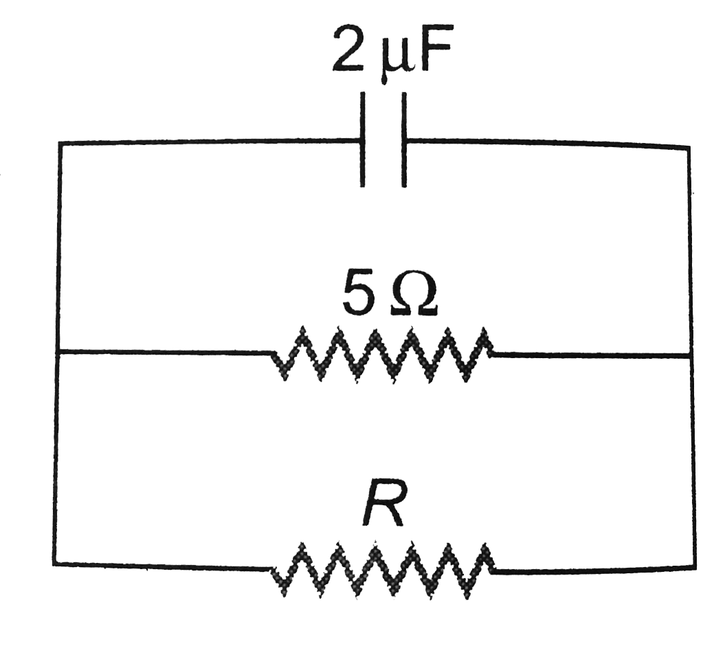 A capacitor of capacitance 2muF is charged to a potential difference of 5V. Now, the charging battery is disconected and the capacitor is connected in parallel to a resistor of 5Omega and another unknown resistor of resistance R as shown in figure. If the total heat produced in 5Omega resistance is 10muJ then the unknown resistance R is equal to