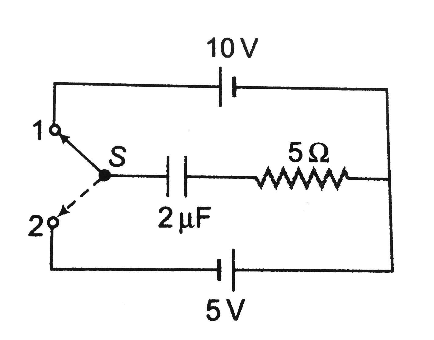 In the circuit shown in figure switch S is thrown to position 1 at t=0. when the current in the resistor is 1A, it is shifted to position 2. the total heat generated in the circuit after shifting to position 2 is