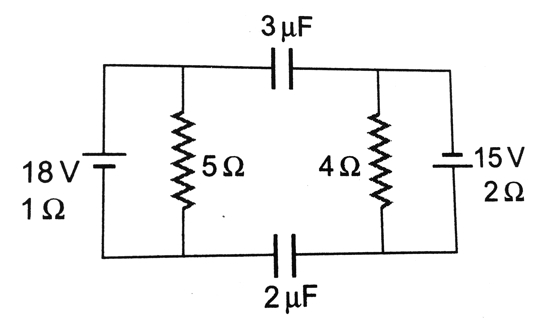 Two cellls, two resistance and two capacitors are connected as shown in figure. The charge on 2muF capacitors is