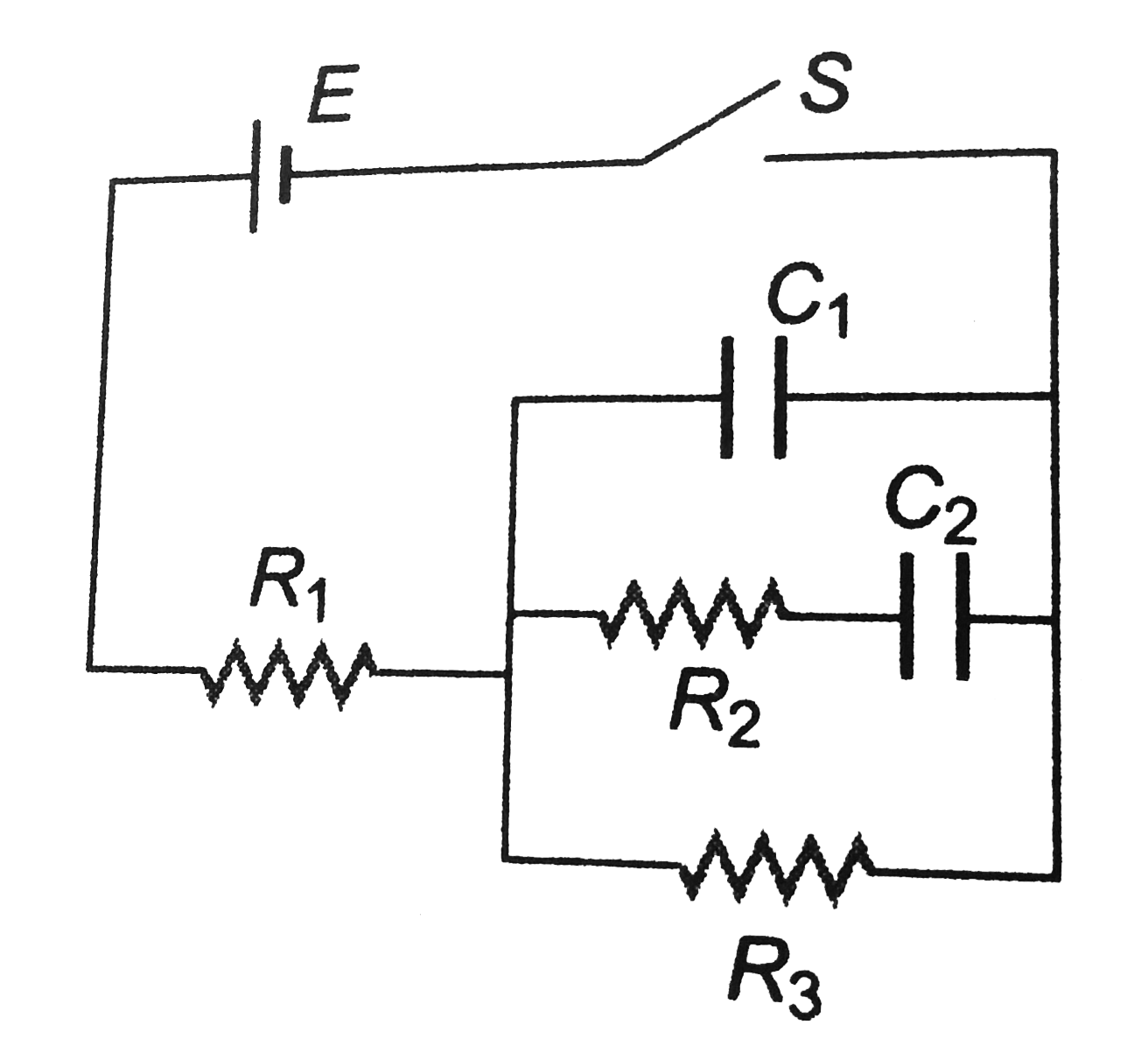 In the circuit diagram the current through the battery immediately after the switch S is closed is