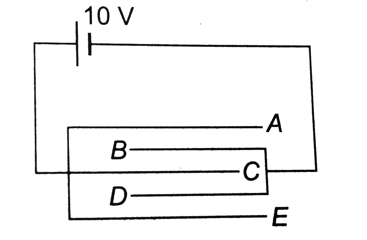 Five identical capacitor plates are arranged such that they make four capacitors each of 2muF. The plates are connected to a source of emf 10 V. The charge on plate C is