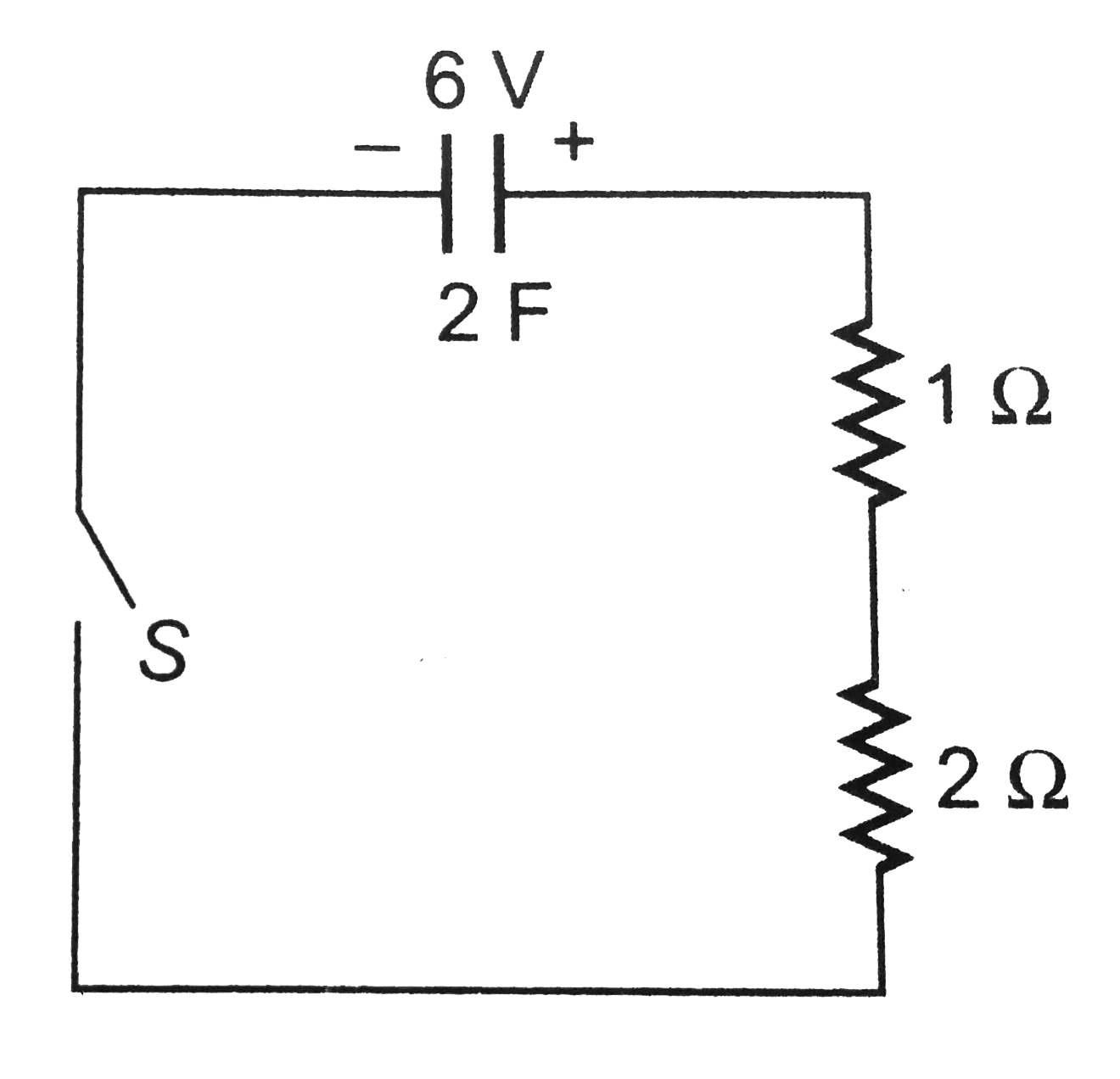 A capacitor of 2F (practically not possible to have a capacity of 2F) is charged by a battery of 6v. The battery is removed and circuit is made as shown. Switch is closed at time t=0 . Choose the correct options.