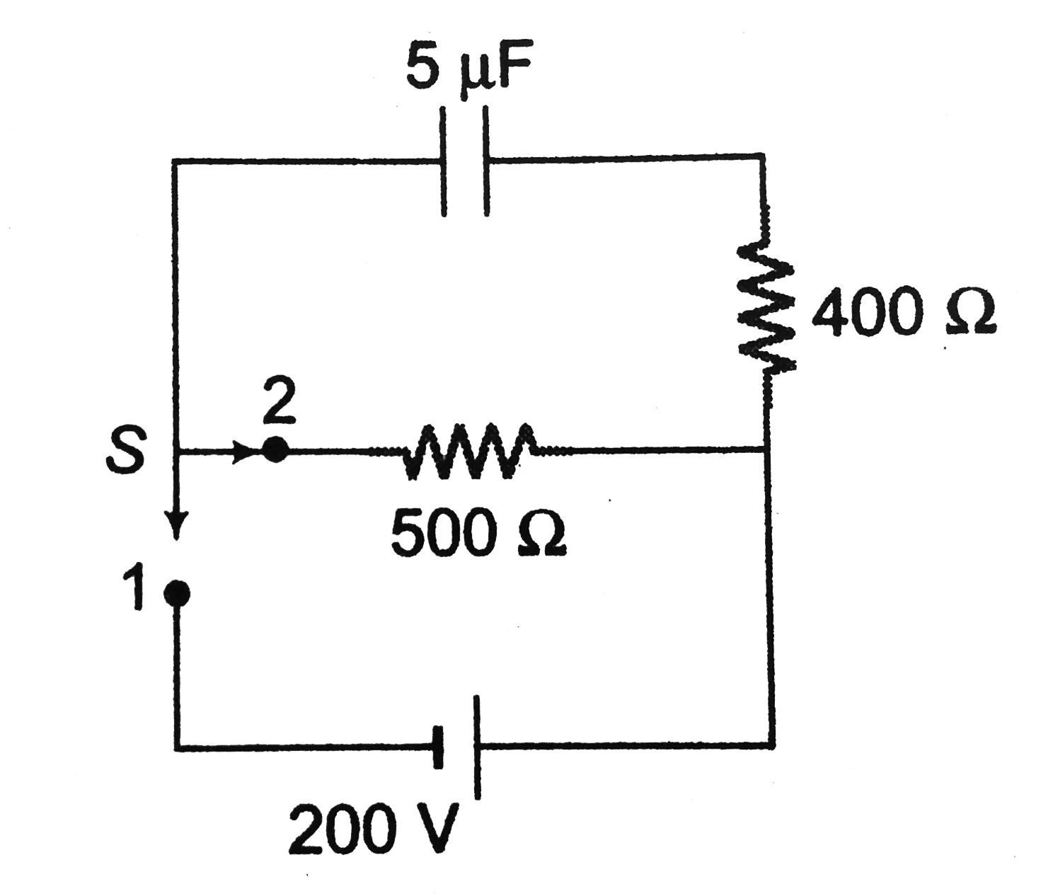 A capacitor of capacitance 5muF is connected to a source of constant emf of 200 V,Then switch was shifted to contact 2 from contact 1. Find the amount of heat generated in the 400Omega resistance.