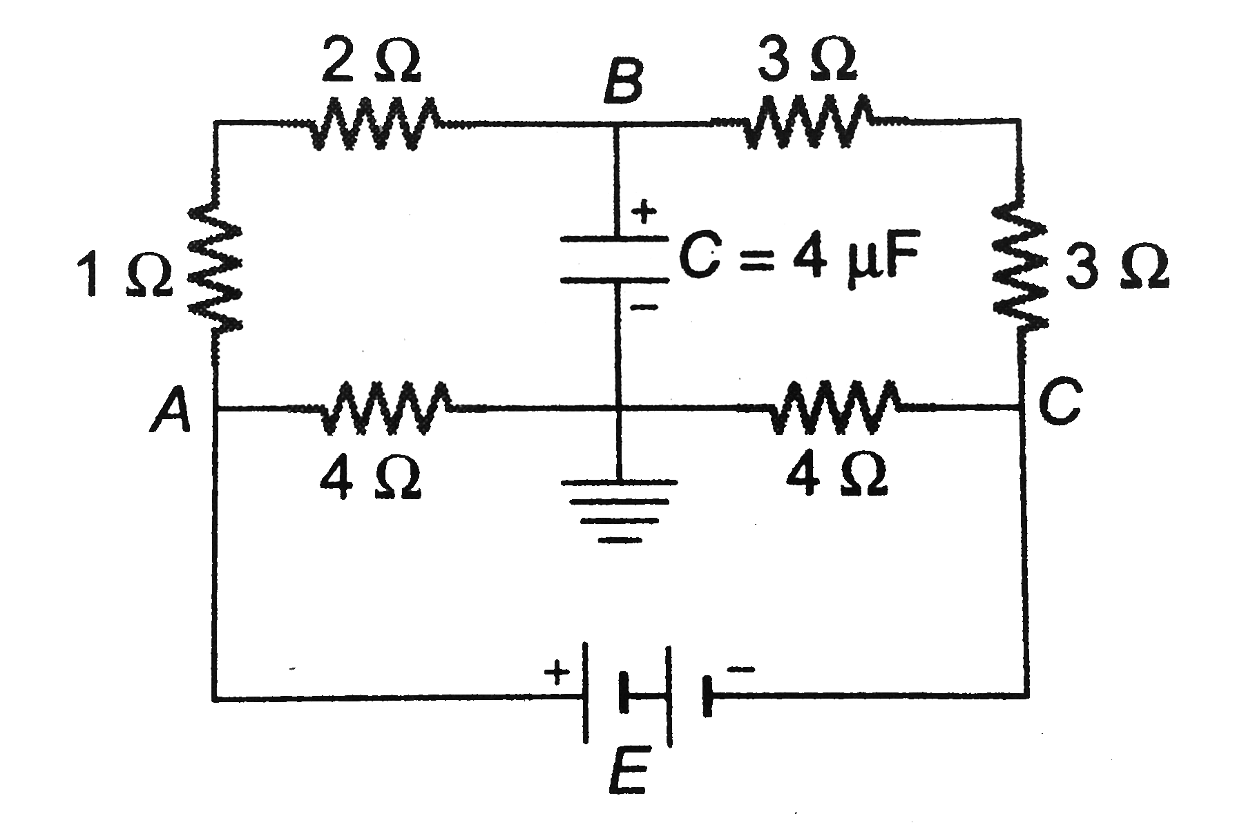 Analyze the given circuit in the steady state condition. Charge on the capacitor isq0=16muC       (a) Find the current in each branch  (b) Find the emf of the battery.  (c) If now the battery is removed and the points A and C are shorted. Find the time during which charge on the capacitor becomes   8muC