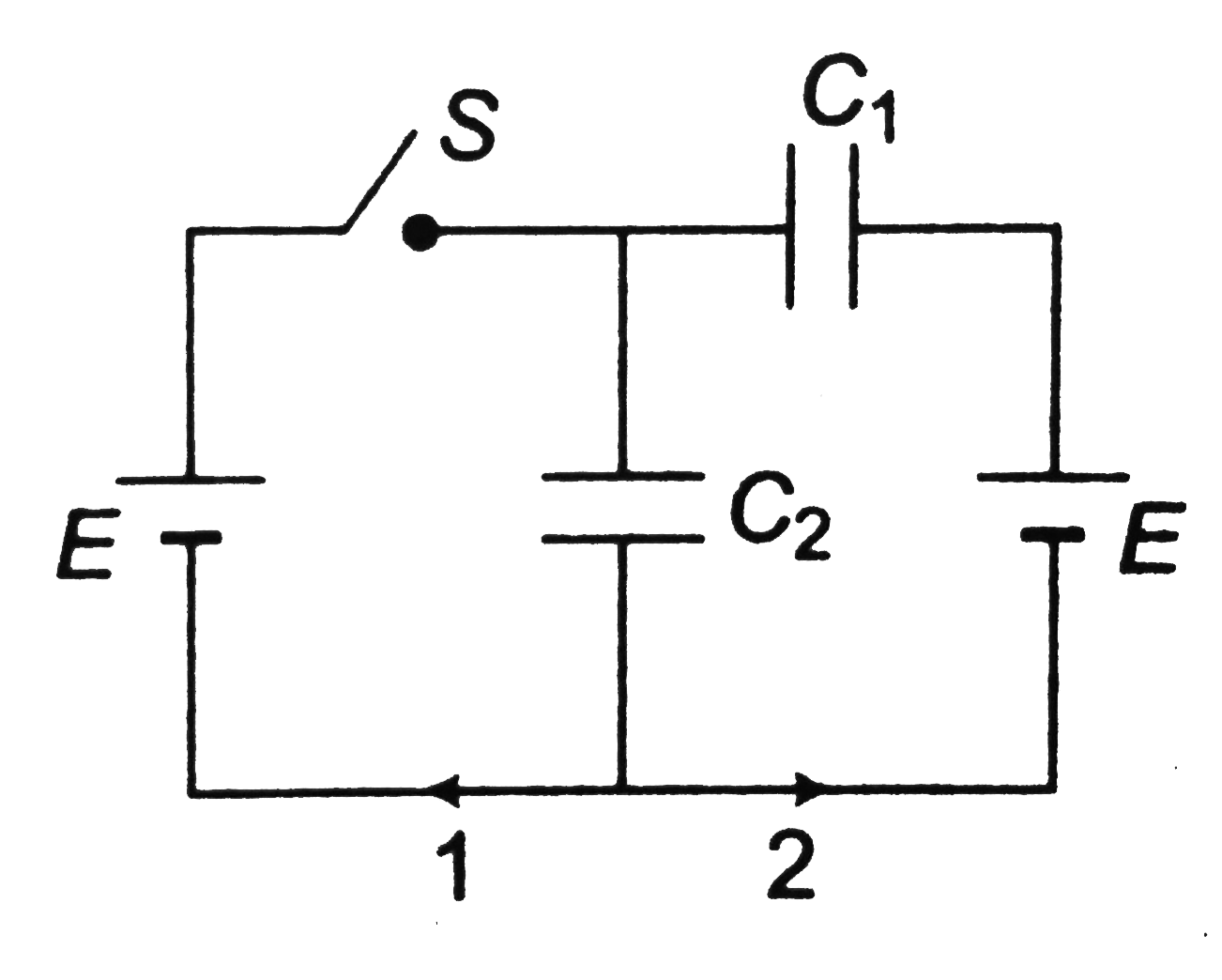In the given circuit diagram, find the charges which flow through directions 1 and 2 when switch S is closed.