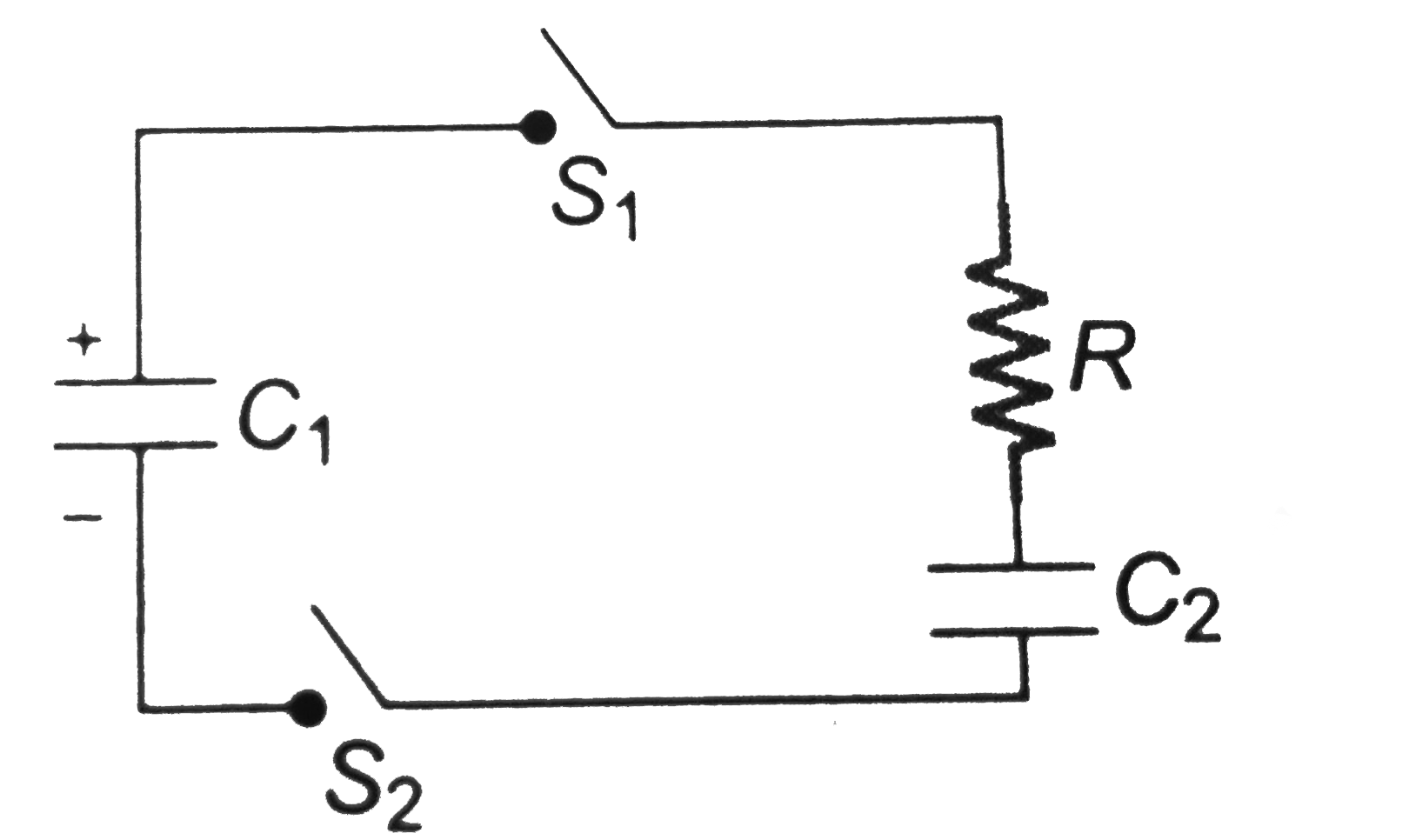 The capactor C1 in the figure initially carries a charge q0. When the i switch S1 and S2 are closed, capacitor C1 is connected to a resistor R and a second capacitor C2, which initially does not carry any charge.   (a) Find the charges deposited on the capacitors in steady state and the current through R as a function of time.   (b) What is heat lost in the resistor after a long time of closing the switch?