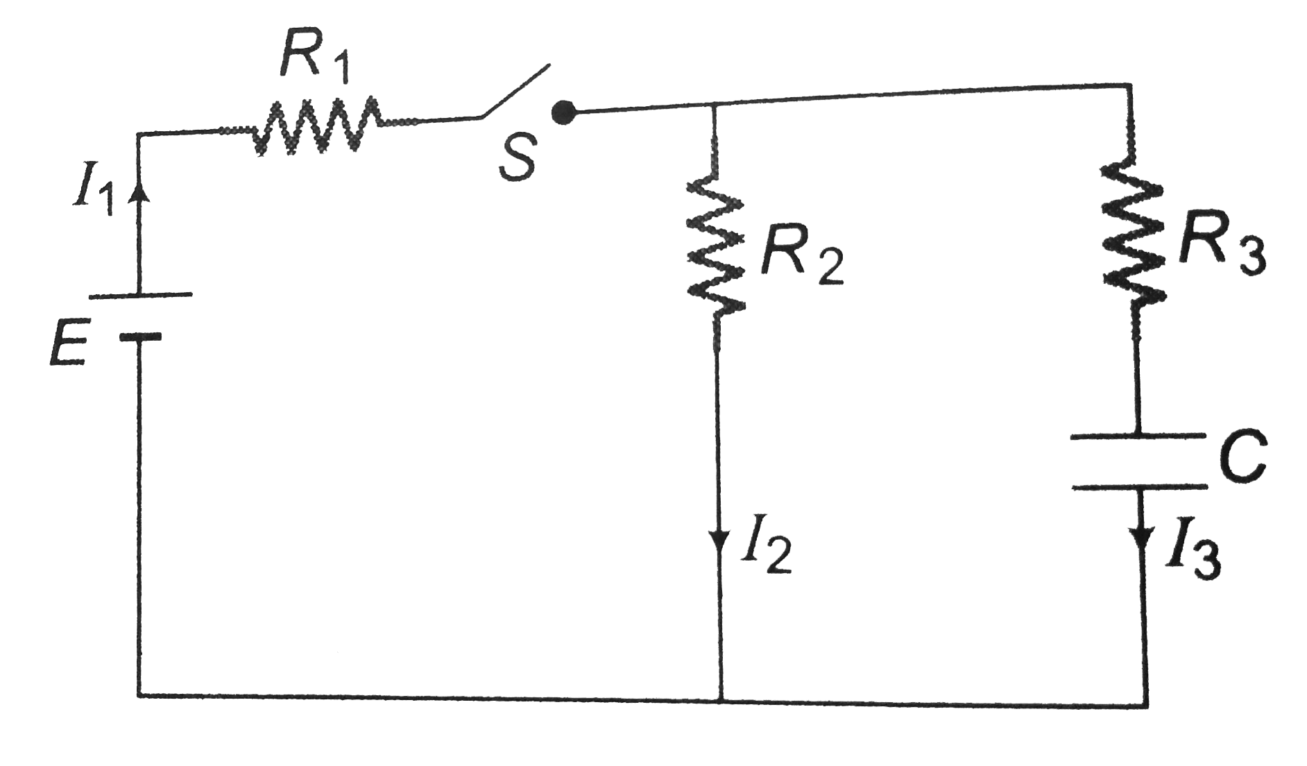 In the circuit shown, E = 18 kV, C = 10 muF,R1 = 4 MOmega, R2 = 6 MOmega , R3 = 3MOmega with C completely uncharged, switch S is suddenly closed (at t = 0).      (a) Determine the current through each resistor for t=0 and t=oo  (b) What are the values of V2 (potential difference across R2) at t = 0 and t = oo. ?  (c) Plot a graph of the potential difference V2 versus t and determine the instantaneous value of V2.