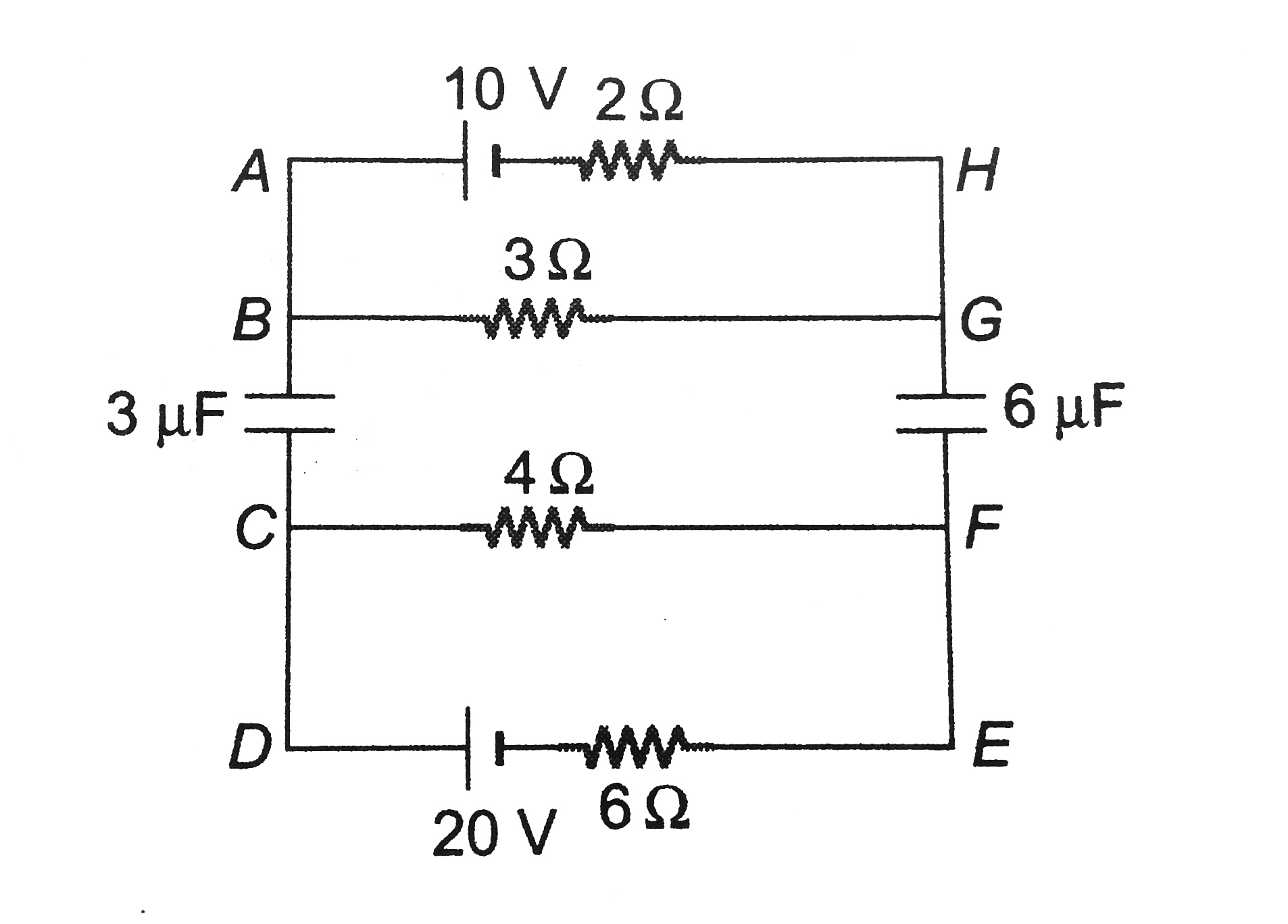 In the circuit shown in figure, find the steady state charges on oth the capacitors.