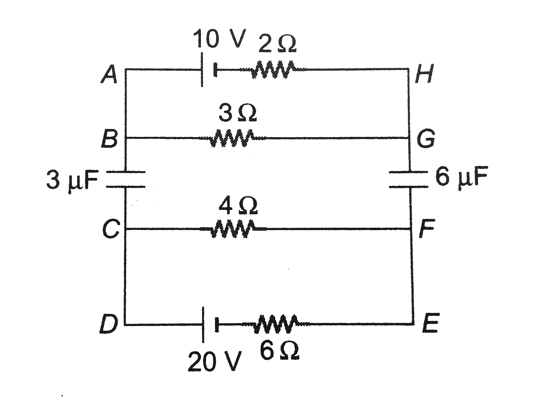 In the circuit shown in figure, find the steady state charges on both the capacitors.