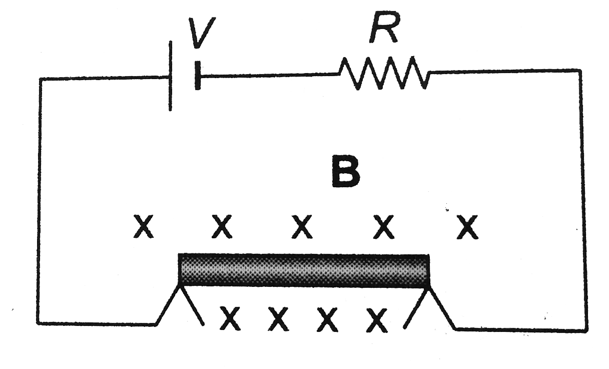 A thin, 50.0 cm long metal bar with mass 750 g rests on, but is not attached to, two metal supports in a 0.950 T magnetic field as shown in figure. A battery and a resistance R = 25.0Omega in series are connected to the supports.      (a) What is the largest voltage the battery can have without breaking the circuit at the supper  (b) The battery voltage has this maximum value calculated. Decreasing the resistance to 2.0 Omega the initial acceleration of the bar.