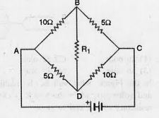 Figure below shows   an unbalanced Wheatstone bridge. What is the direction of conventional current between B and D ?