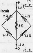 P.D. between the points P and Q in the electric circuit shown   is (V)