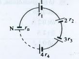 A group of N cells of e.m.f. varying directly with internal resistance as per equation En = 1.5 rn are connected as shown in figure  . The current I in circuit is