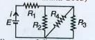 In the circuit given   E = 6.0 V, R1 = 100 ohm, R2 = R3 = 50 ohm and R4 = 75 ohm. The equivalent resistance of the circuit, in ohm, is