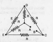 If each of the resistances in the network shown in figure   is R, what is the resistance between terminals A and B ? (given R = 4 Omega)