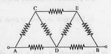 In the shown   network each resistor is of 1 Omega. The effective resistance between A and B is