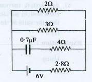 In the shown   circuit the internal resistance of the cell is negligible. The steady state current in 2 Omega resistor is