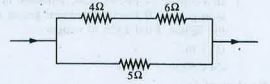 In the circuit shown below  , the heat produced in 5 ohm resistor due to a current flowing in it is 10 cal s^-1. The heat produced in 4 ohm resistor is